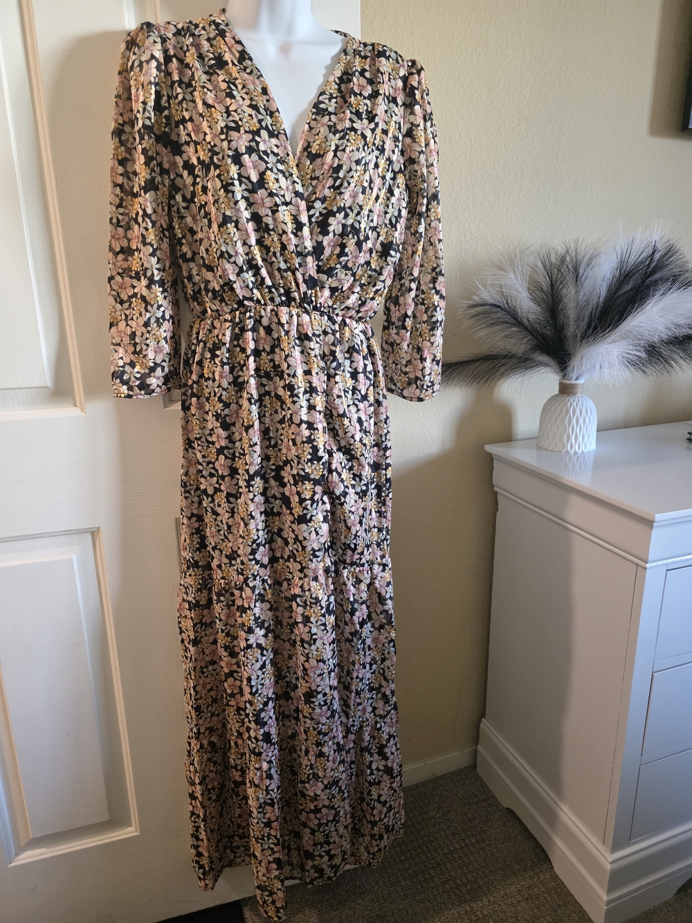 Floral V-Neck Black Maxi Dress with Pink and Cream Blossoms